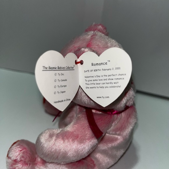 Ty Beanie Baby ROMANCE Valentine's Day Gift Pink Bear Red Hearts Nose - Picture 4 of 6